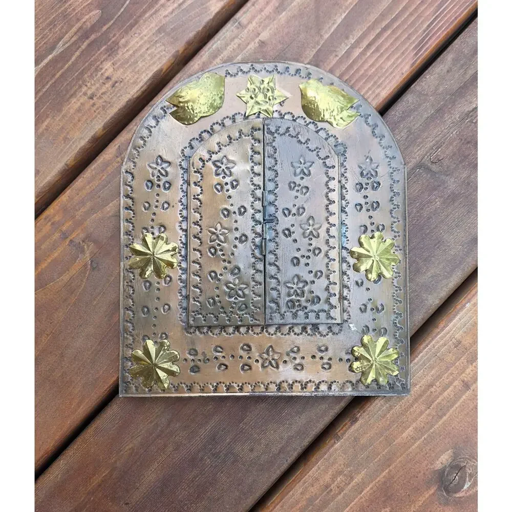 VTG Punched Tin Arched Wall Mirror Brass Birds Southwest Santa Fe Boho Folk Art